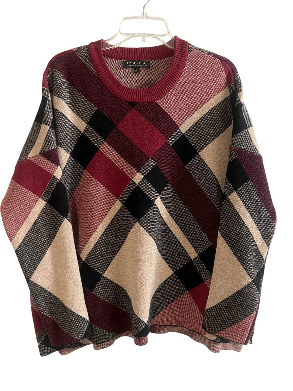 Joseph A Burgundy, Beige & Black Plaid Crewneck Sweater